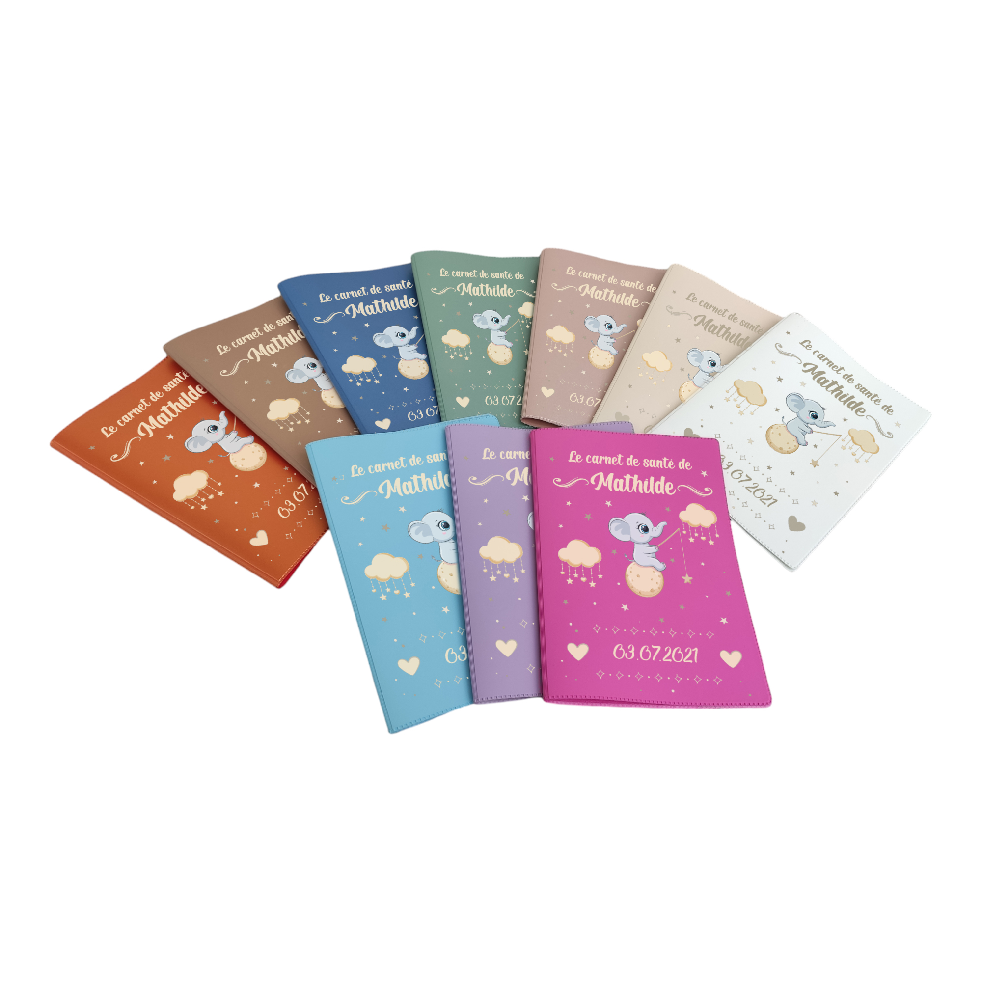 Protège-carnet de santé personnalisé – Motif Éléphant Lune – 10 couleurs au choix