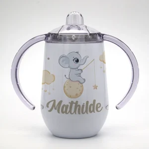 Gobelet isotherme bébé personnalisé – Motif Éléphant Lune – Anses & Double paroi