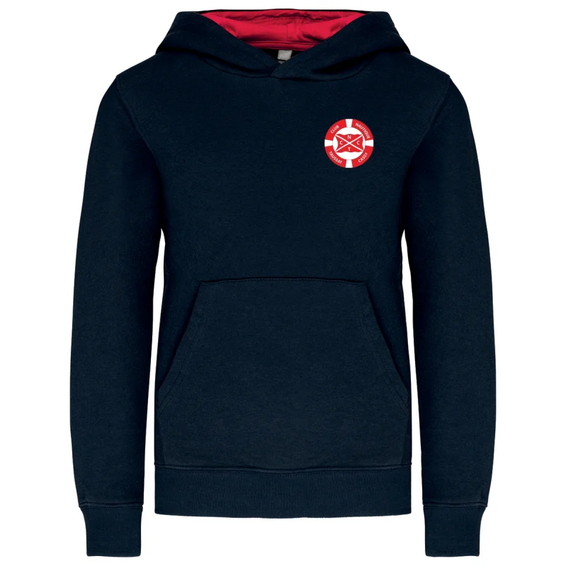 Sweat à capuche bicolore officiel CNTC enfant bleu marine et rouge - vue de face