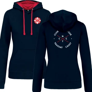 Sweat à Capuche Bicolore Femme Officiel Club Nautique Taussat Cassy (CNTC) – Bleu Marine & Rouge
