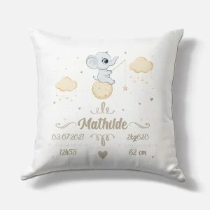 Coussin naissance personnalisé – Motif Elephant Lune – Housse seule ou avec rembourrage