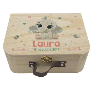 Valisette naissance personnalisée bébé – Motif éléphant oiseau – Prénom, date ou informations de naissance