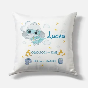 Coussin naissance personnalisé – Motif Elephant Super Héros – Housse seule ou avec rembourrage