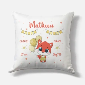 Coussin naissance personnalisé – Motif Renard Ballons – Housse seule ou avec rembourrage