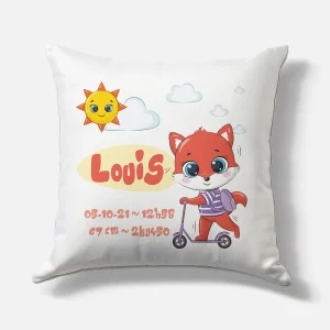 Coussin naissance personnalisé – Motif Renard Trottinette – Housse seule ou avec rembourrage
