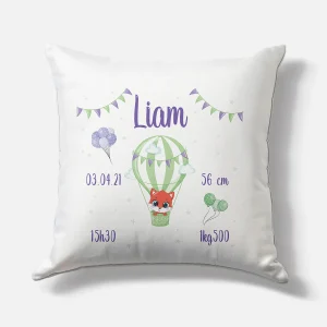 Coussin naissance personnalisé – Motif Renard Montgolfière – Housse seule ou avec rembourrage
