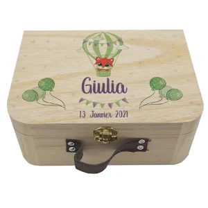 Valisette naissance personnalisée renard montgolfière – Boîte souvenirs bébé en bois