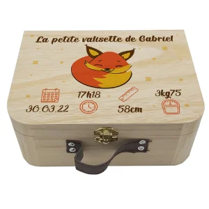 Valisette naissance personnalisée renard dormeur – Boîte à souvenirs bébé en bois avec prénom