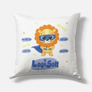 Coussin naissance personnalisé – Motif Lion Super Héros – Housse seule ou avec rembourrage