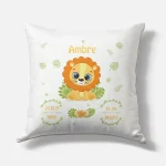 Coussin naissance personnalisé – Motif Lion Jungle – Housse seule ou avec rembourrage