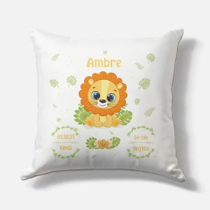 Coussin naissance personnalisé – Motif Lion Jungle – Housse seule ou avec rembourrage