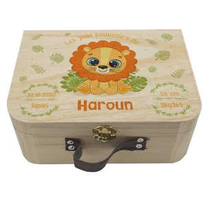 Valisette naissance personnalisée Lion Jungle – Boîte souvenirs bébé en bois