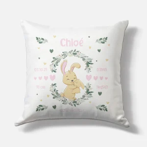 Coussin naissance personnalisé – Motif Lapin Bébé – Housse seule ou avec rembourrage