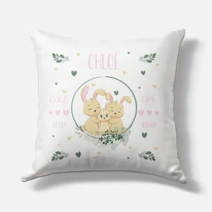Coussin naissance personnalisé – Motif Lapin Famille – Housse seule ou avec rembourrage