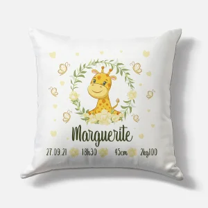 Coussin naissance personnalisé – Motif Girafe – Housse seule ou avec rembourrage