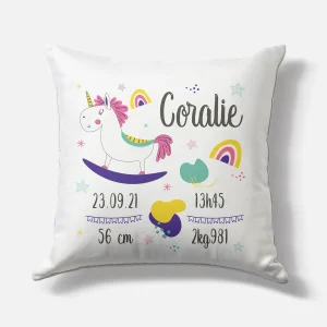 Coussin naissance personnalisé – Motif Licorne Coloré – Housse seule ou avec rembourrage