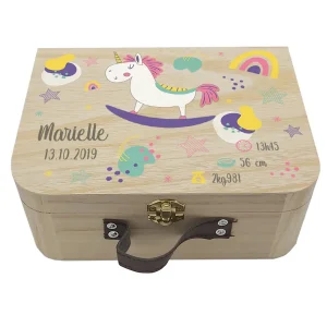 Valisette naissance personnalisée Licorne colorée – Boîte souvenirs bébé en bois