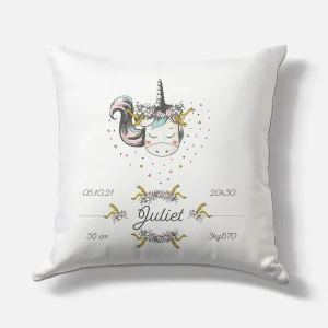Coussin naissance personnalisé – Motif Licorne Cœur – Housse seule ou avec rembourrage