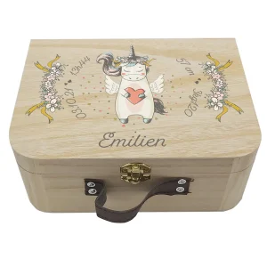 Valisette naissance personnalisée Licorne Cœur – Boîte souvenirs bébé en bois