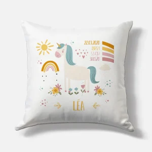 Coussin naissance personnalisé – Motif Licorne Arc en Ciel – Housse seule ou avec rembourrage