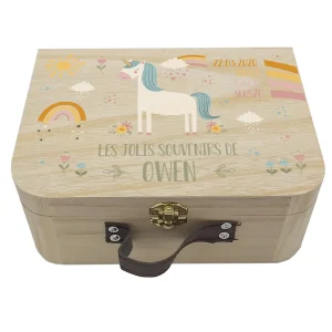 Valisette naissance personnalisée Licorne Arc-en-ciel – Boîte souvenirs bébé en bois